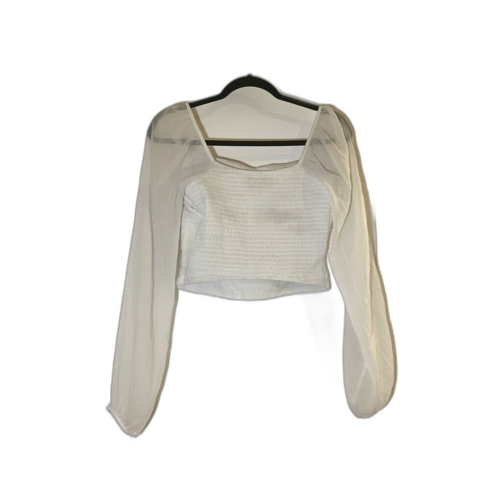 Hollister White Cream Chiffon Square Long Sleeve Crop Top Blouse Medium M Boho